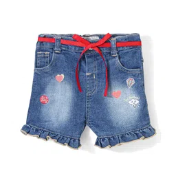 ToffyHouse Cotton Denim Mid Thigh Length Stretchable Shorts With Belt Heart Embroidery- Blue-image-3