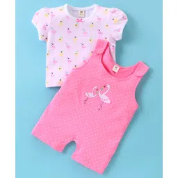 ToffyHouse Cotton Dungaree Style Romper with Half Sleeves Flamingo Printed Inner Tee - Pink-picture-21