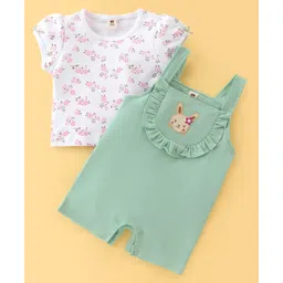 ToffyHouse Cotton Knit Dungaree with Half Sleeves Inner Tee Floral Print & Bunny Applique - Mint Green-picture-19