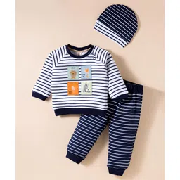 ToffyHouse Cotton Knit Full Raglan Sleeves Striped T-Shirt Joggers Set with Cap & Animal Patch - Blue & White-picture-16