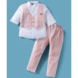 ToffyHouse Cotton Knit Full Sleeves Striped Party Shirt & Trouser Set - Light Red & White-picture-18