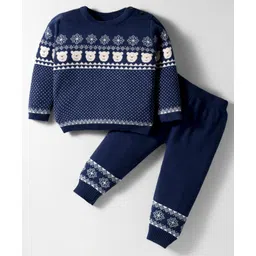 ToffyHouse Cotton Knit Full Sleeves Winter Wear Suit Set with Teddy Design - Navy Blue-picture-19