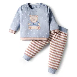 ToffyHouse Cotton Knit Full Sleeves Winter Wear Suits T-Shirt & Joggers Set With Bear Design - Light Blue-picture-29