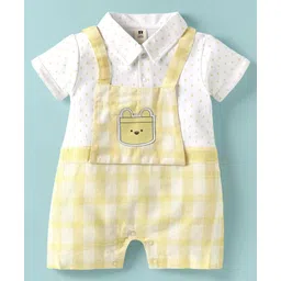 ToffyHouse Cotton Knit Half Sleeves Checks Romper With Floral Print - Lemon Yellow & White-picture-17
