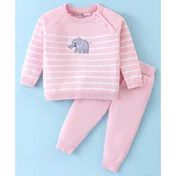 ToffyHouse Cotton Knitted Full Raglan Sleeves Sweater Set With Stripes & Elephant Design - Baby Pink-picture-12