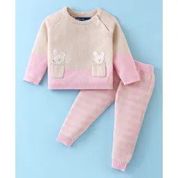 ToffyHouse Cotton Knitted Full Raglan Sleeves Sweater Set With Stripes & Pocket Patch Detailing - Beige & Baby Pink-picture-13