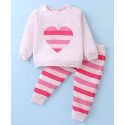 ToffyHouse Cotton Knitted Full Raglan SleevesWinter Wear Heart & Striped Designed Sweatshirt & Pant Set - Pink-picture-10