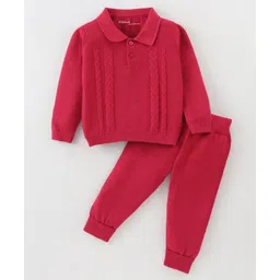 ToffyHouse Cotton Knitted Full Sleeves Solid Colour Collared Sweatshirt & Lounge Pant Set with Cable Knit Design - Red-picture-27