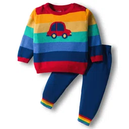 ToffyHouse Cotton Sweater Knit Full Sleeves Striped Winter Wear Set With Car Design - Blue-picture-24