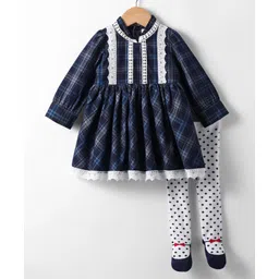 ToffyHouse Cotton Woven Full Sleeves Checkered Frock With Stockings & Lace Detailing - Navy Blue & White-picture-28