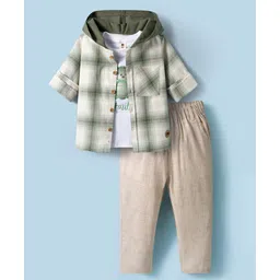 ToffyHouse Cotton Woven Full Sleeves Checkered Hooded Shirt & Trouser Set with Inner Tee - Light Green-picture-28