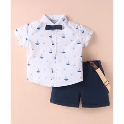 ToffyHouse Cotton Woven Half Sleeves Nautical Theme Printed Shirt & Shorts Set with Bow & Suspender - Navy Blue & White-picture-13