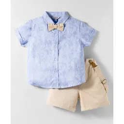 ToffyHouse Cotton Woven Half Sleeves Printed Shirt & Shorts Set with Bow & Suspender - Light Blue & Beige-picture-20