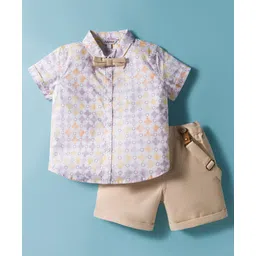 ToffyHouse Cotton Woven Half Sleeves Printed Shirt & Shorts Set with Bow & Suspender - White & Beige-picture-20
