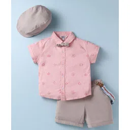 ToffyHouse Cotton Woven Half Sleeves Printed Shirt & Shorts With Bow Suspender & Hat - Pink-picture-11