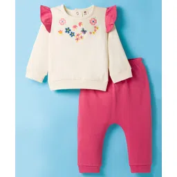 ToffyHouse Fleece Knit Full Sleeves Winter Wear Top & Lounge Pant Set With Floral Embroidery - Off White-picture-12
