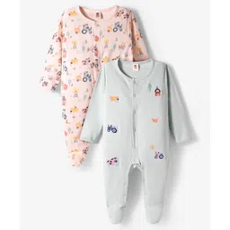 ToffyHouse Interlock Knit Full Sleeves Sleepsuit With Vehicle Print Pack Of 2 - Peach & Light Green-picture-17