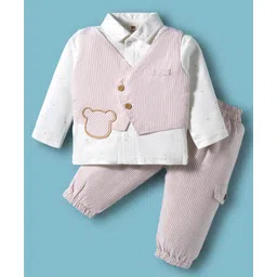 ToffyHouse Interlock Knit Full Sleeves Striped Party Shirt & Trouser Set With Attached Waistcoat & Teddy Bear Patch - White & Khaki-picture-16