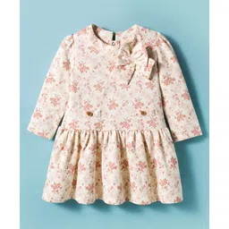 ToffyHouse Knit Full Sleeves Frock with Floral Print & Bow Applique - Beige-picture-10