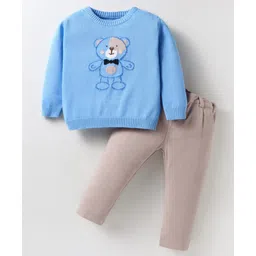 ToffyHouse Knit Full Sleeves Winter Wear Set With Teddy Bear Print - Light Blue-picture-11