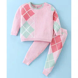 ToffyHouse Knitted Cotton Full Sleeves Sweater Set With Argyle Design - Baby Pink-picture-14
