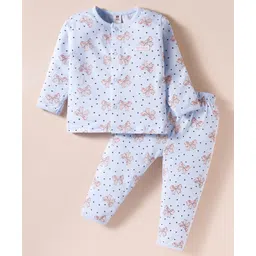 ToffyHouse Knitted Full Sleeves Co-ords Night Suit With Heart Print - Blue-picture-12