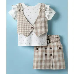 ToffyHouse Knitted Half Sleeves Checkered Top and Skirt Set With Belt & Waistcoat - Beige & White-picture-21
