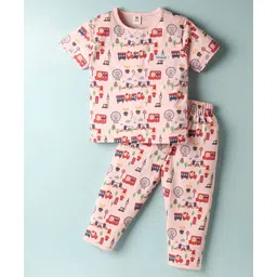 ToffyHouse Knitted Half Sleeves Co-ords Night Suit with Bear Print - Light Peach image 1