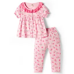 ToffyHouse Knitted Half Sleeves Co-ords Night Suit With Floral Print - Baby Pink-picture-13