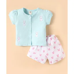 ToffyHouse knitted Half Sleeves Front Open Top & Shorts Set with Bear Print & Embroidery - Aqua Blue & White-picture-19