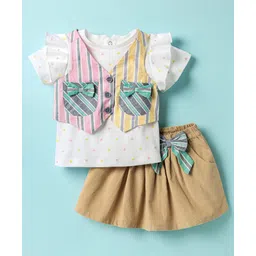 ToffyHouse Knitted Half Sleeves Heart Printed Top & Skirt Set with Striped Waistcoat & Bow Applique - Beige & White-picture-20