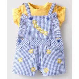 ToffyHouse Knitted Half Sleeves T-Shirt Dungaree Set with Checks & Floral Embroidery - Blue & Yellow-picture-27