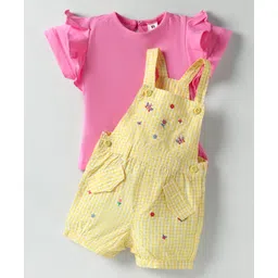 ToffyHouse Knitted Half Sleeves T-Shirt Dungaree Set with Checks & Floral Embroidery - Pink & Yellow-picture-23