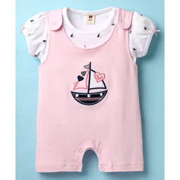 ToffyHouse Knitted Woven Half Sleeves Dungree Style Romper With Boat Print - Pink & White-picture-33