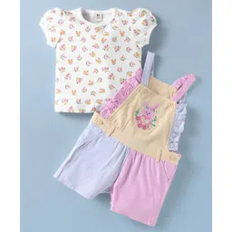 ToffyHouse Knitted Woven Half Sleeves T-Shirt & Dungaree With Animal Print - Pink-picture-31
