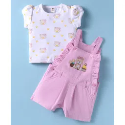 ToffyHouse Knitted Woven Half Sleeves T-Shirt & Dungaree With Animal Print - Pink-picture-36