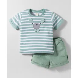 ToffyHouse Knitted Woven Half Sleeves T-Shirt & Shorts Set with Stripes & Animal Print - Mint-picture-37