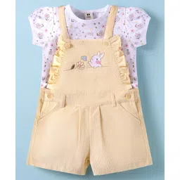 ToffyHouse Knitted Woven Half Sleeves T-Shit & Dungaree With Floral Print - Lemon-picture-38
