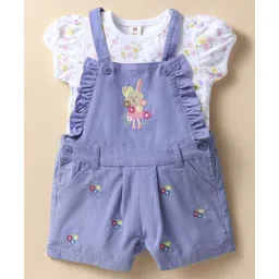 ToffyHouse Knitted Woven Half Sleeves Tee & Dungaree Set with Floral Print & Bunny Embroidery - Lavender-picture-34
