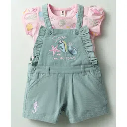 ToffyHouse Knitted Woven Half Sleeves Tee & Dungaree Set with Sea Life Theme Print - Green & Pink-picture-32