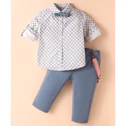 ToffyHouse Poplin Woven Full Sleeves Printed Party Shirt & Trouser Set With Bow & Suspender - White & Blue-picture-25