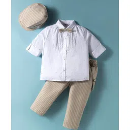 ToffyHouse Poplin Woven Full Sleeves Printed Party Shirt & Trouser With Bow Hat & Suspender - White & Tan-picture-18