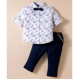 ToffyHouse Poplin Woven Full Sleeves Space Theme Printed Party Shirt & Trouser Set With Bow & Suspender - Navy Blue & White-picture-20