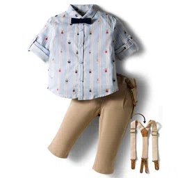 ToffyHouse Poplin Woven Full Sleeves Striped Party Shirt & Trouser Set with Bow & Suspender - Beige & Light Blue-picture-24