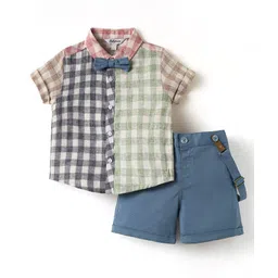 ToffyHouse Poplin Woven Half Sleeves Checekered Shirt & Shorts Set with Bow & Suspender - Grey & Light Green-picture-13