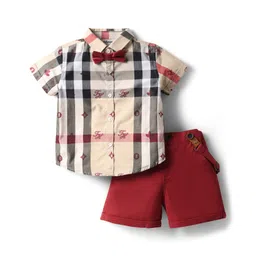 ToffyHouse Poplin Woven Half Sleeves Checks Partywear Shirt & Short Set With Bow & Suspender - Maroon-image-33
