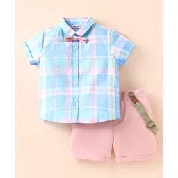 ToffyHouse Poplin Woven Half Sleeves Checks Shirt & Shorts Set with Bow & Suspender - Pink Light Blue-picture-14