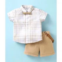 ToffyHouse Poplin Woven Half Sleeves Checks Shirt & Shorts Set with Bow & Suspender - Tan Cream-image-16