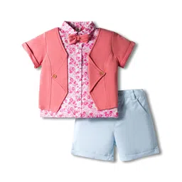 ToffyHouse Poplin Woven Half Sleeves Party Shirt with Attached Waistcoat & Shorts with Floral Print & Bow - Pink & Light Blue-image-8