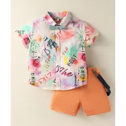 ToffyHouse Poplin Woven Half Sleeves Shirt & Shorts Set with Bow & Suspender with Text Print - Coral-picture-17